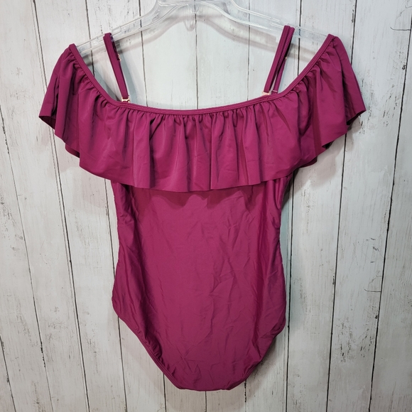 New! Funny Girl Flounce Ruffle Cold Shoulder Swimsuit Women's Size Medium Berry. - Picture 4 of 7
